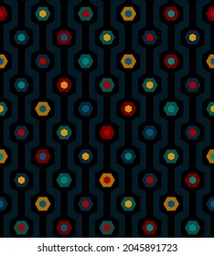 color hexagons. vector seamless pattern. dark repetitive background. fabric swatch. wrapping paper. continuous print. simple geometric shapes. design element for home decor, apparel, textile, cloth