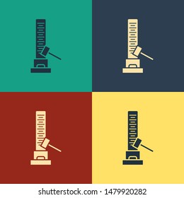 Color High striker attraction with big hammer icon isolated on color background. Attraction for measuring strength. Amusement park. Vintage style drawing. Vector Illustration