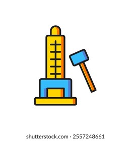 Color High striker attraction with big hammer icon isolated on white background. Attraction for measuring strength. Amusement park. Flat filled outline style with shadow. Vector