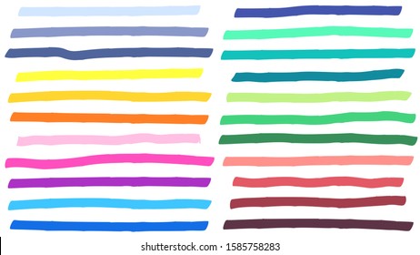 Color highlight marker lines strokes. Colorful highlights, markers stripes and yellow line highlight. Colorful marker sketch, ink brush drawing doodle. Isolated vector signs set