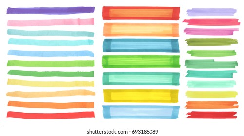 Color highlight stripes, banners drawn with japan markers. Stylish highlight elements for design. Vector highlight marker stroke, spots bright color