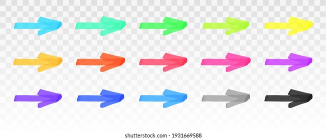 Color highlighter arrows set isolated on transparent background. Red, yellow, pink, green, blue, purple, gray, black marker arrows. Vector hand drawn graphic stylish element