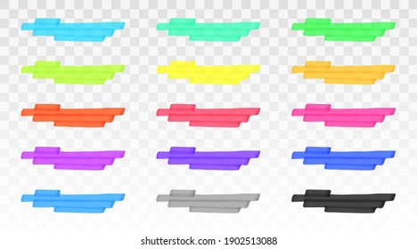 Color highlighter lines set isolated on transparent background. Red, yellow, pink, green, blue, purple, gray, black marker pen highlight underline strokes. Vector hand drawn graphic stylish element