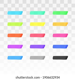 Color highlighter lines set isolated on transparent background. Red, yellow, pink, green, blue, purple, gray, black marker pen highlight underline strokes. Vector hand drawn graphic stylish element