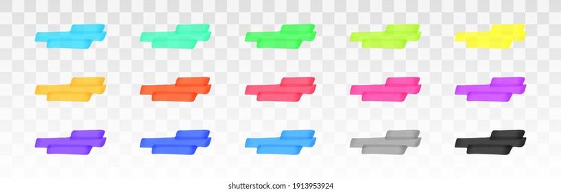 Las líneas de resaltado de color se establecen aisladas en fondo transparente. Rojo, amarillo, rosa, verde, azul, púrpura, gris, negro resaltan los trazos de subrayado. Elemento de diseño gráfico dibujado a mano