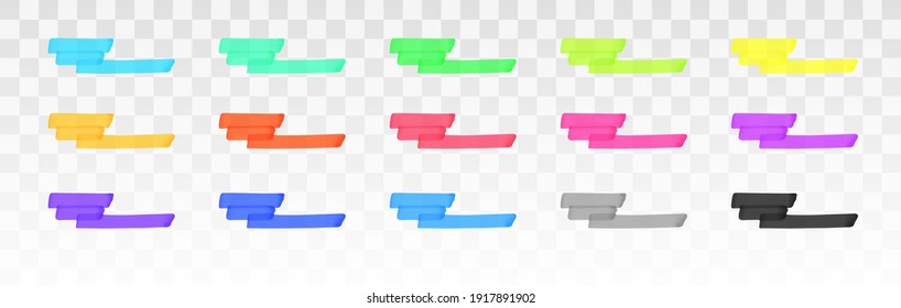 Color highlighter lines set isolated on transparent background. Red, yellow, pink, green, blue, purple, gray, black marker pen highlight underline strokes. Vector hand drawn graphic stylish element