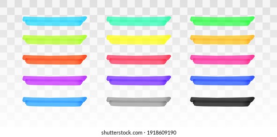 Color highlighter lines set isolated on transparent background. Red, yellow, pink, green, blue, purple, gray, black marker pen highlight underline strokes. Vector hand drawn graphic stylish element