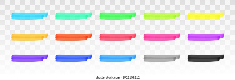 Color highlighter lines set isolated on transparent background. Red, yellow, pink, green, blue, purple, gray, black marker pen highlight underline strokes. Vector hand drawn graphic stylish element