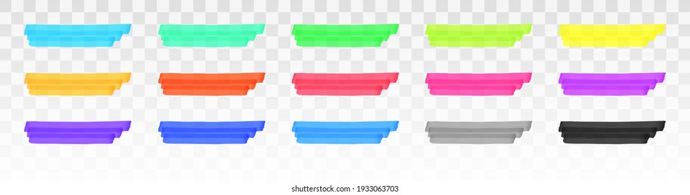 Las líneas de resaltado de color se establecen aisladas en fondo transparente. Rojo, amarillo, rosa, verde, azul, púrpura, gris, negro resaltan los trazos de subrayado. Elemento de diseño gráfico dibujado a mano