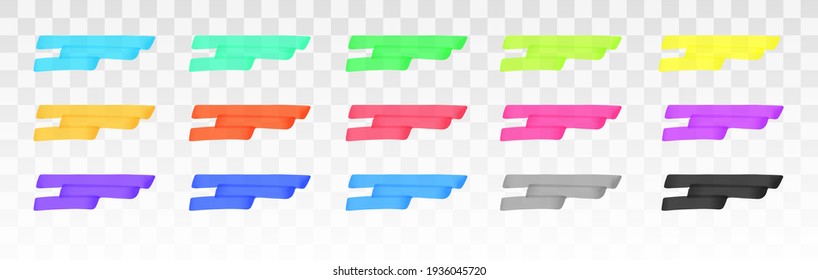 Las líneas de resaltado de color se establecen aisladas en fondo transparente. Rojo, amarillo, rosa, verde, azul, púrpura, gris, negro resaltan los trazos de subrayado. Elemento de diseño gráfico dibujado a mano