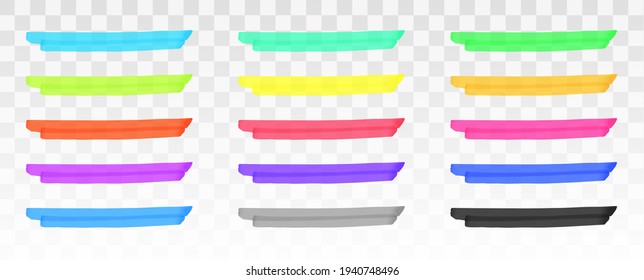 Color highlighter lines set isolated on transparent background. Red, yellow, pink, green, blue, purple, gray, black marker pen highlight underline strokes. Vector hand drawn graphic stylish element