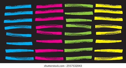 Color highlighter lines set isolated on transparent background. Red, yellow, pink, green, blue, purple, gray, black marker pen highlight underline strokes. Vector hand drawn graphic stylish element . 