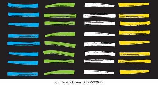 Color highlighter lines set isolated on transparent background. Red, yellow, pink, green, blue, purple, gray, black marker pen highlight underline strokes. Vector hand drawn graphic stylish element . 