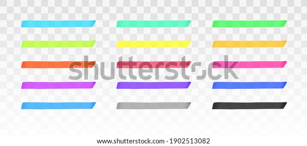Color highlighter lines set isolated on\
transparent background. Red, yellow, pink, green, blue, purple,\
gray, black marker pen highlight underline strokes. Vector hand\
drawn graphic stylish\
element