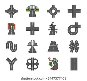 Color highway road line icons. Traffic, crossroad and tunnel route. Driveway, freeway line vector roundabout, crossing and crossroads, interchange and intersection, hills, tunnel and bridge symbols
