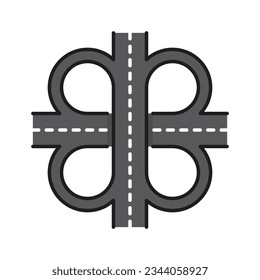 Icono de línea de carretera de la autopista de color, ruta cruzada o intercambio de transporte por calle, señal de tráfico vectorial. Intersección de carreteras con carriles de tráfico o cruce de carreteras para señalización de navegación de dirección