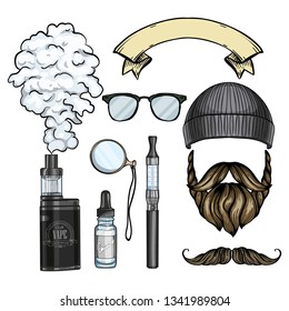 Color hipster attributes - beard and mustaches, knited hat, electronic cigarette, vaporizer cigarette, liquid to fill