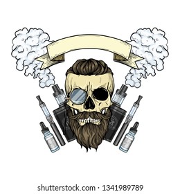Color hipster skull with beard and mustaches, electronic cigarette, vaporizer, liquid to fill and cloud of smoke