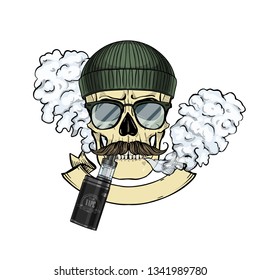 Color hipster skull with knited hat, mustaches, sunglasses, vaporizer cigarette and clouds of smoke