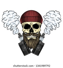 Color hipster skull with knited hat beard and mustaches, vaporizer cigarette and clouds of smoke