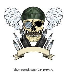 Color hipster skull with mustaches, electronic cigarette, vaporizer, liquid to fill and cloud of smoke