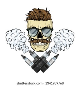 Color hipster skull with mustaches, vaporizer cigarette, liquid to fill, sunglasses and clouds of smoke