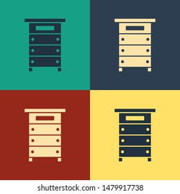Color Hive for bees icon isolated on color background. Beehive symbol. Apiary and beekeeping. Sweet natural food. Vintage style drawing. Vector Illustration