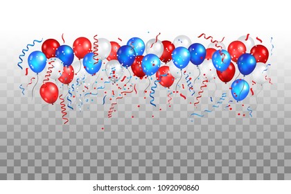 Color holiday balloons in traditional colors - red, white, blue. Holiday ballons set on transparent background.