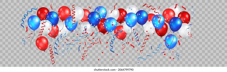 Color holiday balloons in traditional colors - red, white, blue. Holiday balloons set on transparent banner.