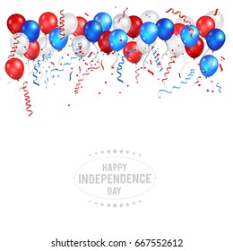 Color holiday balloons in traditional colors - red, white, blue. Greeting Card for American Independence Day, 4th of July