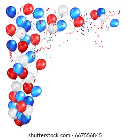 Color holiday balloons in traditional colors - red, white, blue. Greeting Card for American Independence Day, 4th of July