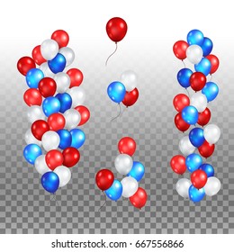 Color holiday balloons in traditional colors - red, white, blue. Holiday ballons set on transparent background.