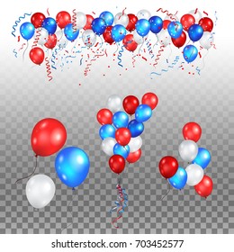 Color holiday balloons in traditional colors - red, white, blue. Holiday balloons set on transparent background.