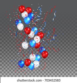 Color holiday balloons in traditional colors - red, white, blue. Holiday balloons set on transparent background.