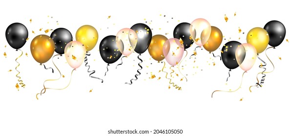 Color holiday black and yellow balloons. Festive balloons and confetti on bright background. Anniversary, celebration or party decoration.