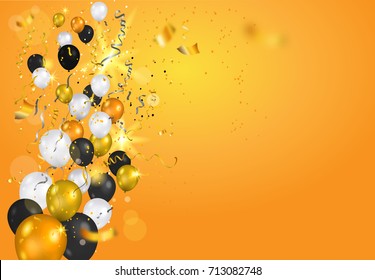 Color holiday white, gold and black balloons. Holiday balloons and confetti. Anniversary, celebration or party decoration.