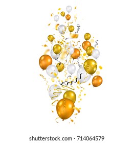 Color holiday white, gold and black balloons. Holiday balloons and confetti on transparent background. Anniversary, celebration or party decoration.