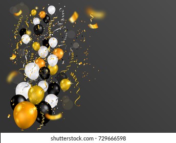 Color holiday white, gold and black balloons. Holiday balloons and confetti. Anniversary, celebration or party decoration.