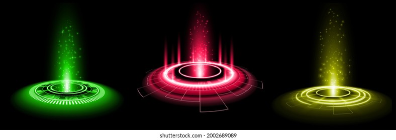 Color hologram portal. Magic fantasy portal. Magic circle teleport podium with hologram effect. Vector glow rays with sparks on clark ackground