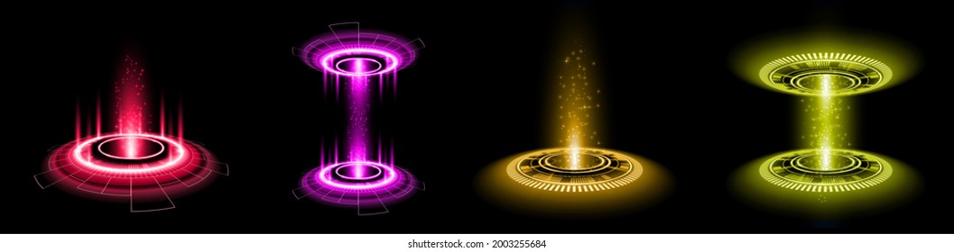 Color hologram portal. Magic fantasy portal. Magic circle teleport podium with hologram effect. Vector glow rays with sparks on clark ackground
