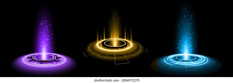 Color hologram portal. Magic fantasy portal. Magic circle teleport podium with hologram effect. Vector glow rays with sparks on clark ackground