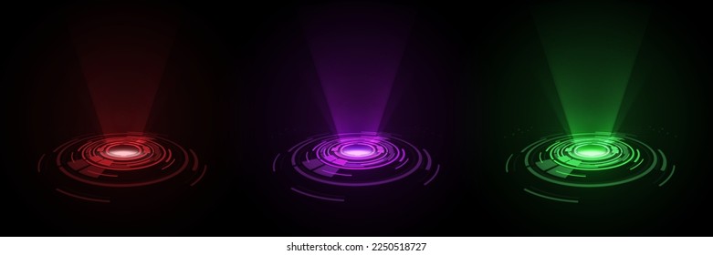 Color hologram portal. Magic fantasy portal. Magic circular podium for teleportation with a hologram effect. Vector glow rays.