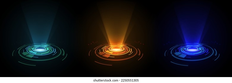 Color hologram portal. Magic fantasy portal. Magic circular podium for teleportation with a hologram effect. Vector glow rays.