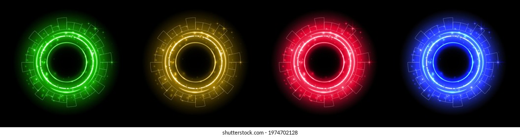 Color hologram portal set. Magic fantasy portal. Magic circle with halo effect. Vector color glow sci-fi teleport with sparks hologram, technology background