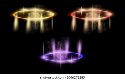 Color hologram portals. Colorful icons with geometric shapes, stars and glitter. Design elements for applications, games and programs. Cartoon realistic vector collection isolated on black background