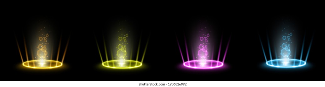 Color hologram portals set. Magic fantasy portal. Magic circle teleport podium with hologram effect. Vector colorful glow rays with sparks on black background.