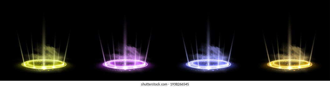 Color hologram portals set. Magic fantasy portal. Magic circle teleport podium with hologram effect. Vector colorful glow rays with sparks on black background. - Shutterstock ID 1938266545