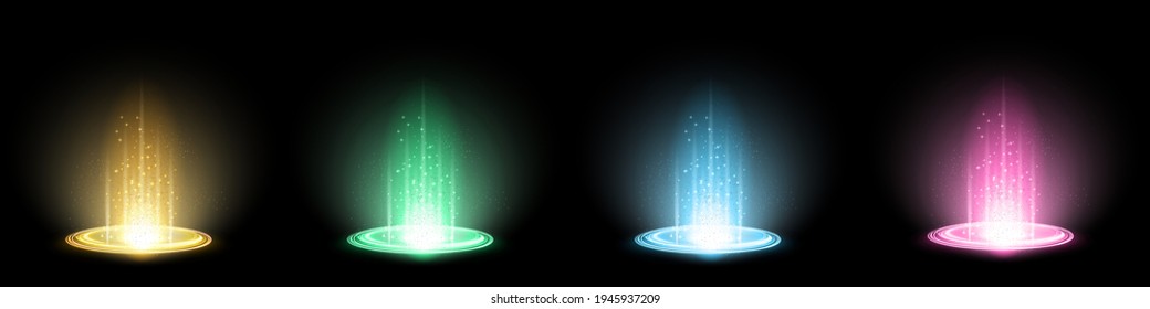 Color hologram portals set. Magic fantasy portal. Magic circle teleport podium with hologram effect. Vector colorful glow rays with sparks on black background