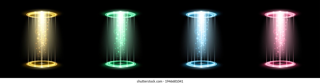 Color hologram portals set. Magic fantasy portal. Magic circle teleport podium with hologram effect. Vector colorful glow rays with sparks on black background