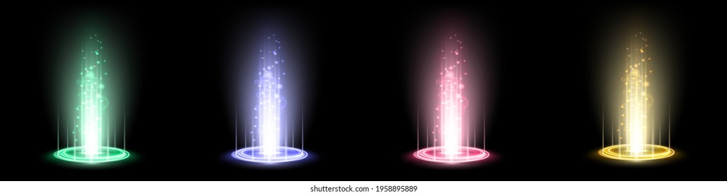 Color hologram portals set. Magic fantasy portal. Magic circle teleport podium with hologram effect. Vector colorful glow rays with sparks on black background